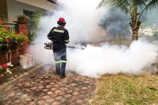 Technicien pulvérisant un traitement anti-moustiques dans un jardin