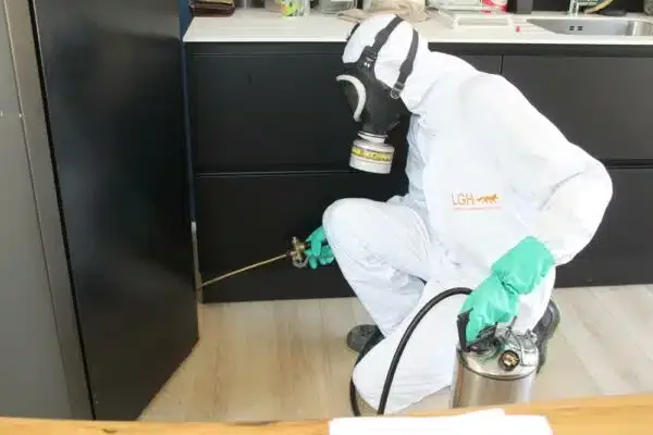 Technicien en combinaison désinfectant un local par pulvérisation