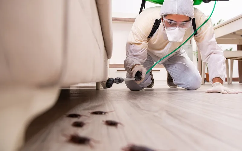 Technicien traitant une infestation de cafards au sol